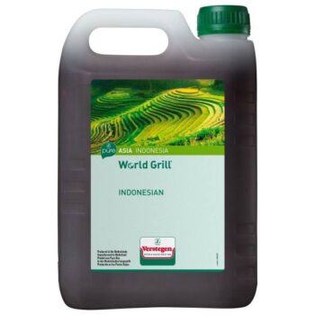 Verstegen World Grill Indonesian marinade container with green cap and terraced rice field label, designed for Asian-style food preparation and seasoning