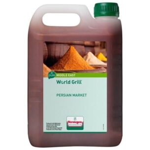 Verstegen World Grill Persian Market marinade container with green cap and spice-themed label, designed for Middle Eastern-style grilling and seasoning