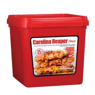 Middleton Foods Carolina Reaper Glaze container with label showing glazed chicken wings, extra spicy marinade details, and vegan-friendly certification