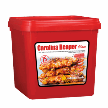 Middleton Foods Carolina Reaper Glaze container with label showing glazed chicken wings, extra spicy marinade details, and vegan-friendly certification