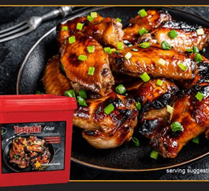 Middleton Foods Teriyaki Glaze container with serving suggestion of chicken wings garnished with green onions