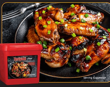 Middleton Foods Teriyaki Glaze container with serving suggestion of chicken wings garnished with green onions