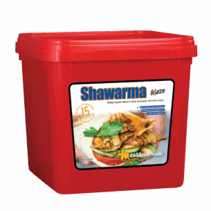 Middleton Foods Shawarma Glaze container with label featuring Middle Eastern herb and citrus blend, vegetarian-friendly icons