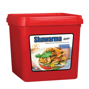 Middleton Foods Shawarma Glaze container with label featuring Middle Eastern herb and citrus blend, vegetarian-friendly icons