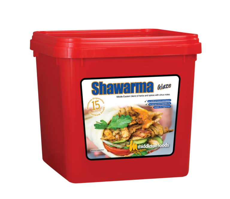 Middleton Foods Shawarma Glaze container with label featuring Middle Eastern herb and citrus blend, vegetarian-friendly icons