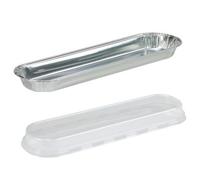 Rectangular aluminum foil tray paired with a clear plastic lid, designed for food storage, takeaway packaging, and tapas-style presentation