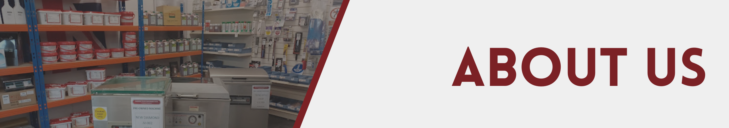 About Us banner for Parkers Food Machinery Plus featuring organized equipment shelves, branded signage, and pre-owned machinery in a supply room setting.