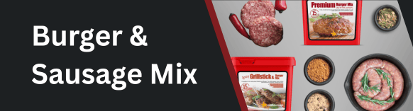Burger and sausage mix Banner from Parkers Food Machinery Plus, showcasing premium meat processing ingredients
