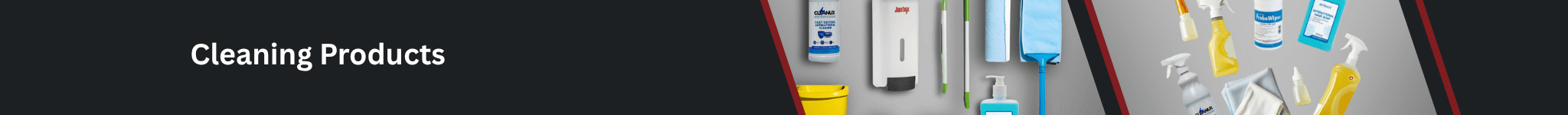 Banner showcasing assorted cleaning products including buckets, spray bottles, mops, cloths, and dispensers – Parkers Food Machinery Plus cleaning supplies