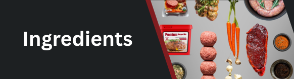 Assorted cooking ingredients including raw meats, vegetables, spices, sauces, and garlic arranged on a gray surface with 'Ingredients' label, representing Parkers Food Machinery Plus product range banner