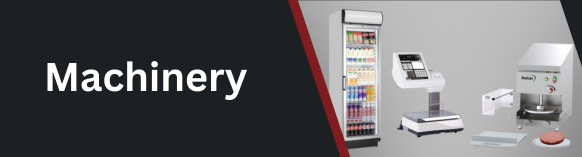 Banner of Food Machinery selection from Parkers Food Machinery Plus featuring a refrigerated display case with beverages, digital weighing scale, meat patty maker, and other retail equipment.