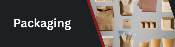 Assorted packaging materials including paper bags, cardboard boxes, sleeves, and plastic bags arranged on a gray surface with 'Packaging' label, representing Parkers Food Machinery Plus Packaging Banner
