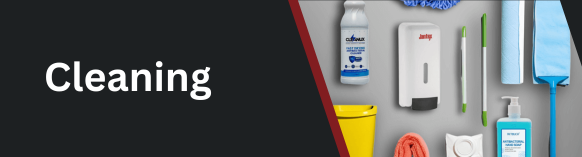 Banner featuring a selection of cleaning products and packaging including mop, bucket, soap dispenser, antibacterial hand gel, and paper towels – Parkers Food Machinery Plus Cleaning Supplies