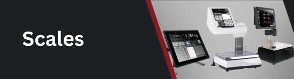 Scales Banner with three digital scales for food processing with touchscreen and keypad interfaces