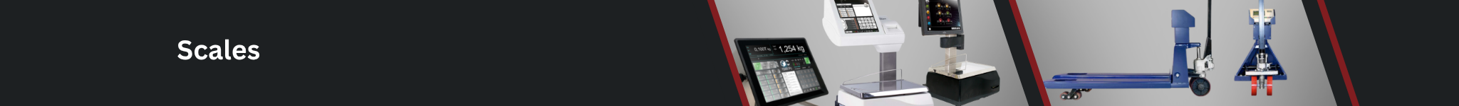 Scales Banner with three digital scales for food processing with touchscreen and keypad interfaces