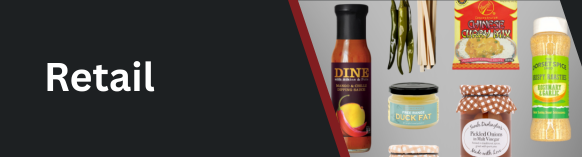 Retail food product showcase featuring sauces, condiments, pickled vegetables, and specialty items on a grey background with black and red border