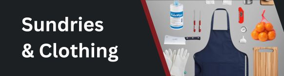 Assorted sundries and food industry clothing items displayed for commercial banner use