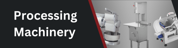 Processing Machinery Banner with Three types of industrial food processing machinery including mixer, slicer, and vertical chute system