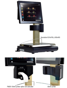Grupo Epelsa TouchScale 20 EVO Series price computing scale with touchscreen interface, dual printer options, and stainless steel weighing platform for retail use at PFM Plus.