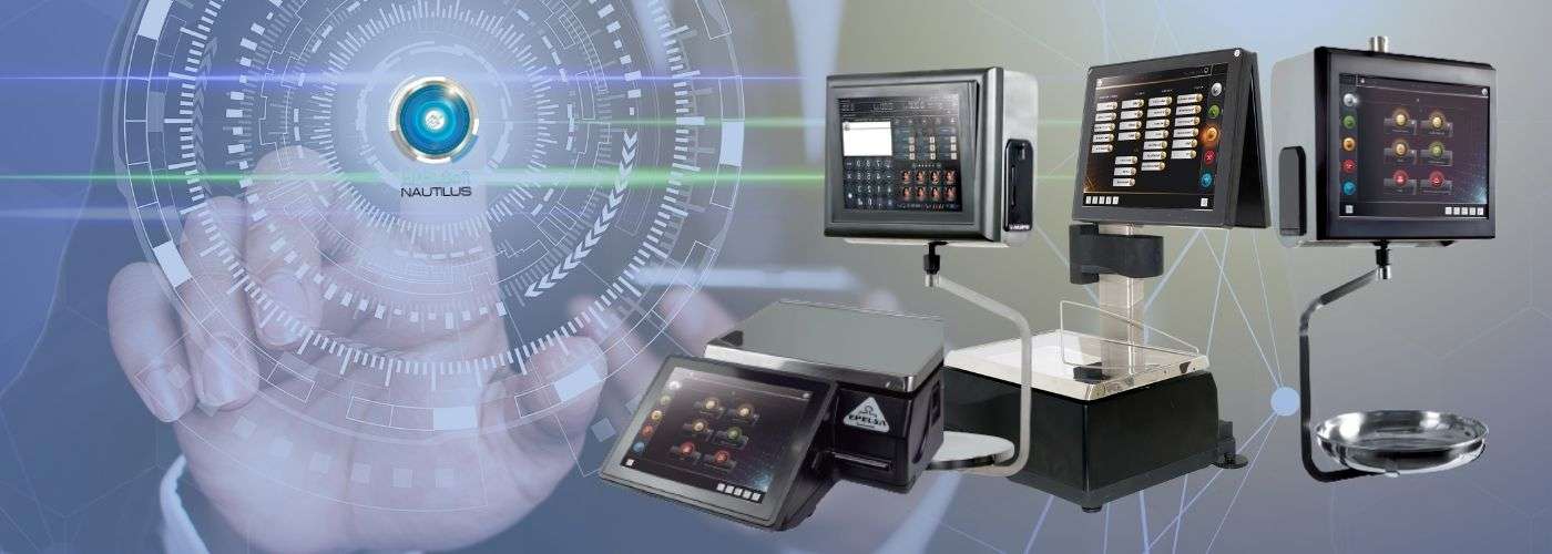 Futuristic Nautilus interface with biometric touch control alongside EPELSA touchscreen weighing scales and POS systems in a high-tech retail or industrial setting