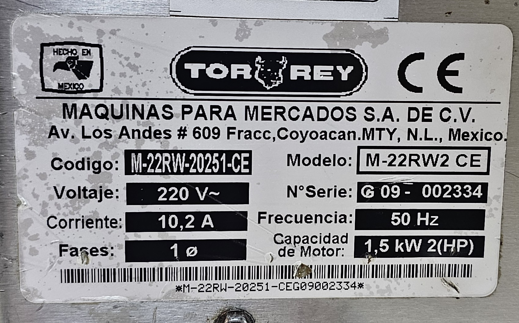 Pre-Owned Torrey M-22 Meat Mincer - S/N:20251 - Image 2