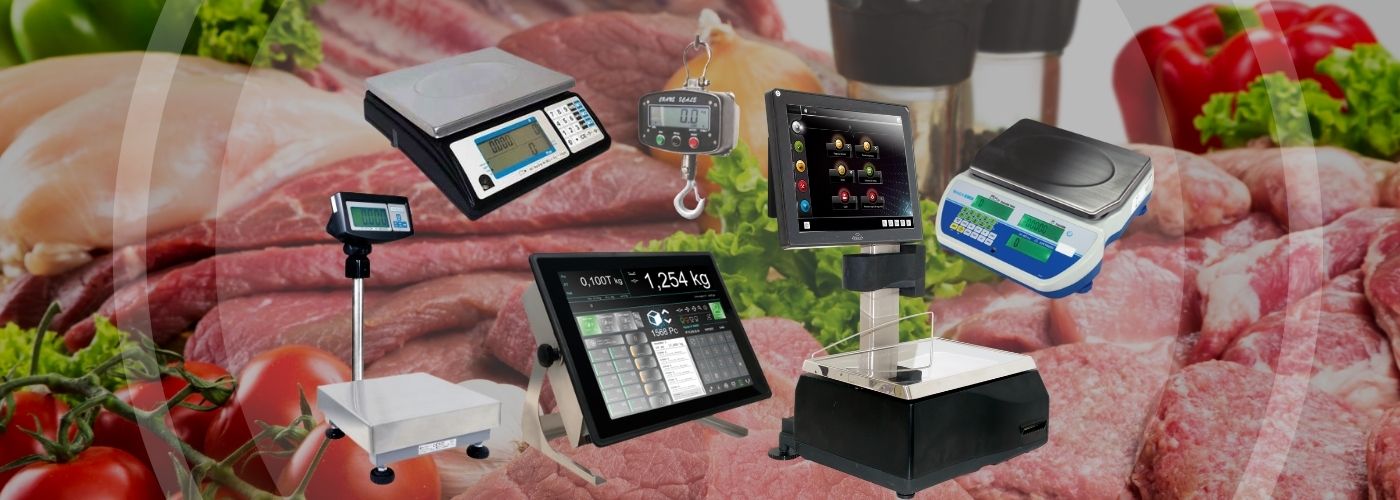 Variety of digital and trade-approved food weighing scales displayed against a meat and produce background, ideal for retail and commercial use at PFM plus.