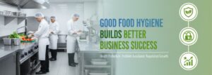 Professional chefs preparing food in a spotless commercial kitchen with text “Good Food Hygiene Builds Better Business Success” – PFM Plus hygiene awareness campaign