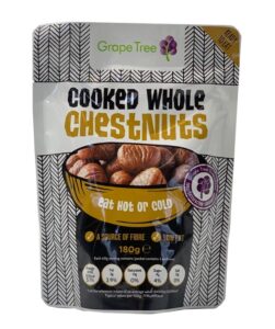 Grape Tree Cooked Whole Chestnuts 180g pack – ready-to-eat, low-fat, high-fibre chestnuts available at PFM Plus UK.