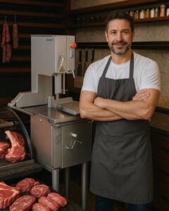 Professional butcher operating a Mainca BC2800 meat bandsaw from PFM Plus for precise meat cutting