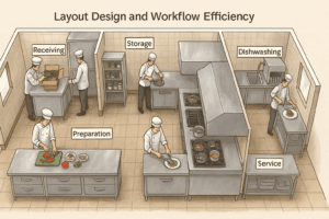 Illustrated professional kitchen layout showing workflow efficiency across preparation, cooking, storage, and dishwashing stations at PFM Plus.
