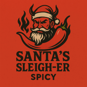 Santa’s Sleigh-er spicy sausage mix logo featuring fiery Santa and chilli illustration for Parkers Food Machinery Plus.