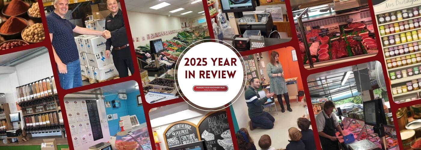 2025 year in review collage showing butchers, equipment and packaging supplied by Parkers Food Machinery Plus.