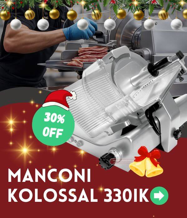Manconi Kolossal 330 IK meat slicer on Christmas offer with 30 percent off from Parkers Food Machinery Plus.