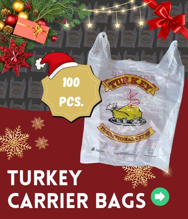 Festive banner showing printed turkey carrier bags in a 100 piece pack from Parkers Food Machinery Plus, ideal for Christmas turkey orders.