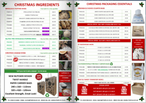PFM Plus Christmas ingredients and packaging essentials page listing stuffing mixes, sausage mixes, paper bags, sacks and turkey transport boxes.