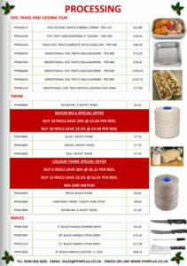 PFM Plus Christmas processing price list showing foil trays, twine offers and butchers knives for festive production.