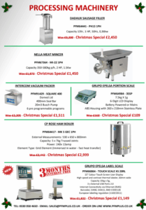 PFM Plus Christmas processing machinery offers including Dadaux sausage filler, Nella meat mincer, vacuum packer and Epelsa scales.