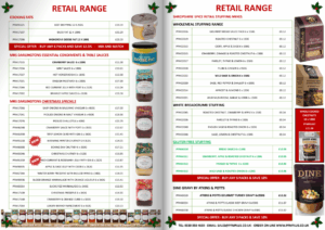 PFM Plus Christmas retail range page featuring cooking fats, Mrs Darlington’s sauces, stuffing mixes and Dine gravy with special offers.