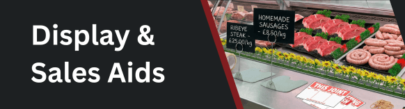 Assorted retail display and sales aids from PFM Plus arranged together to showcase point-of-sale presentation options.