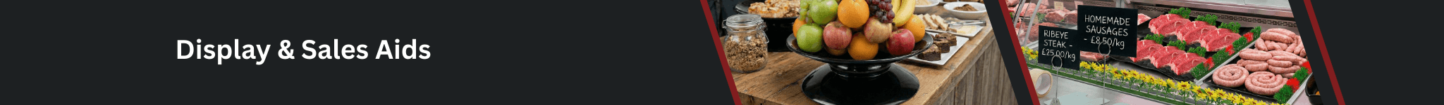 Selection of display and sales aids from PFM Plus, including point-of-sale stands and merchandising accessories.