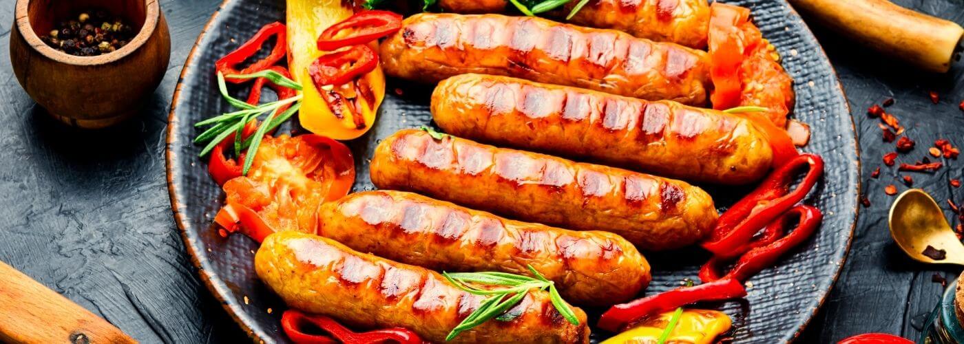 Platter of grilled festive sausages made with Leonard’s Santa’s Sleigh-er sausage mix from Parkers Food Machinery Plus.
