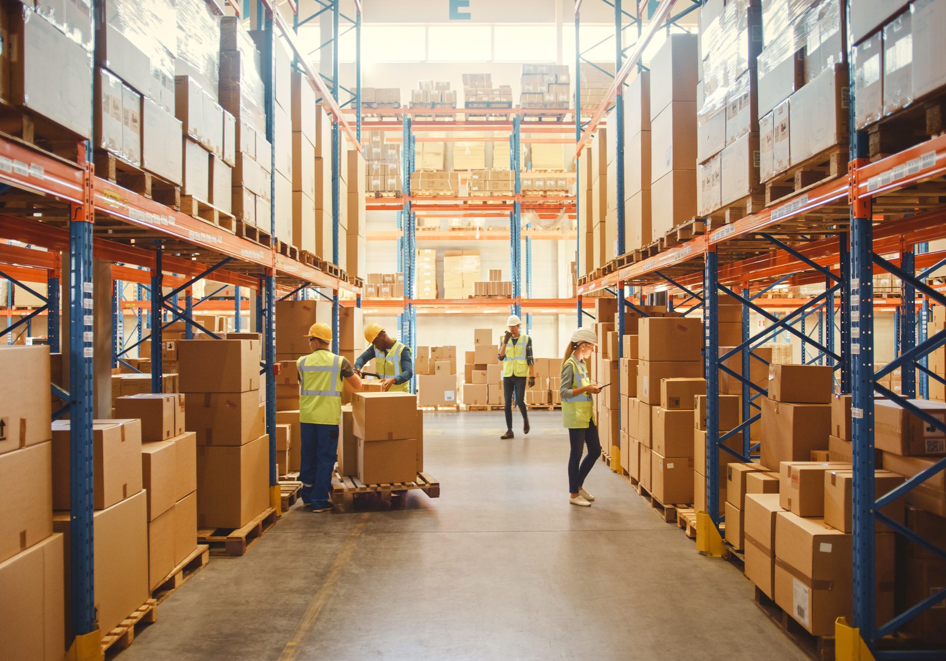 Retail Warehouse full of Shelves with Goods in Cardboard Boxes, Workers Scan and Sort Packages, Move Inventory with Pallet Trucks and Forklifts. Product Distribution Delivery Center.