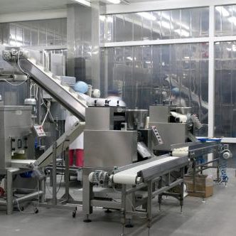 Automated production line in modern food factory. Ravioli production. People working.